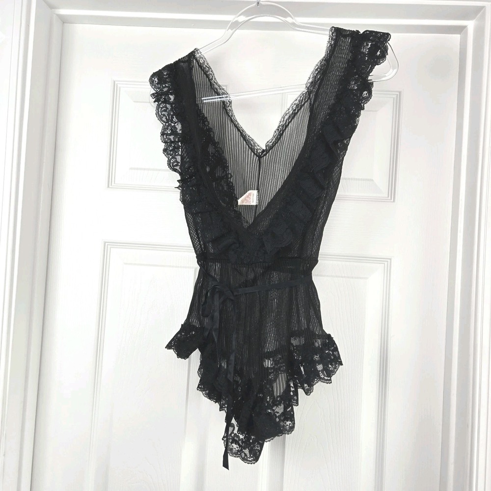 Vtg Teddy Black‎ Mesh And Lace Size XL Lingerie Made In USA Ruffle Low V Neck